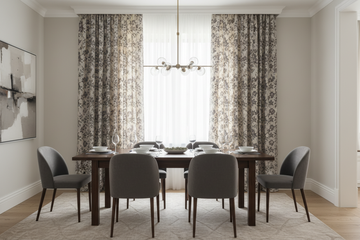 Elegant dining room with vine floral chenille jacquard curtains framing windows, showcasing luxury home décor application