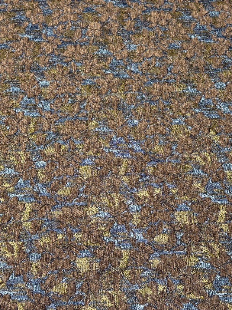 Mid-century floral chenille jacquard fabric front overview in blue-gold leaf colorway