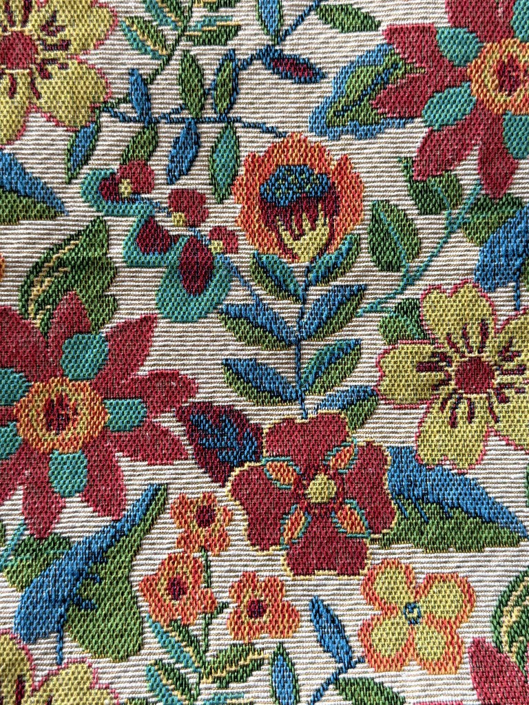 Garden folk floral linen-like polyester jacquard fabric front overview on cream ground