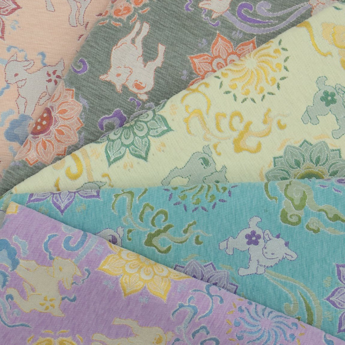 Auspicious Chenille Jacquard Scarf Cushion Fabric front overview, one photographed colorway from the mill card