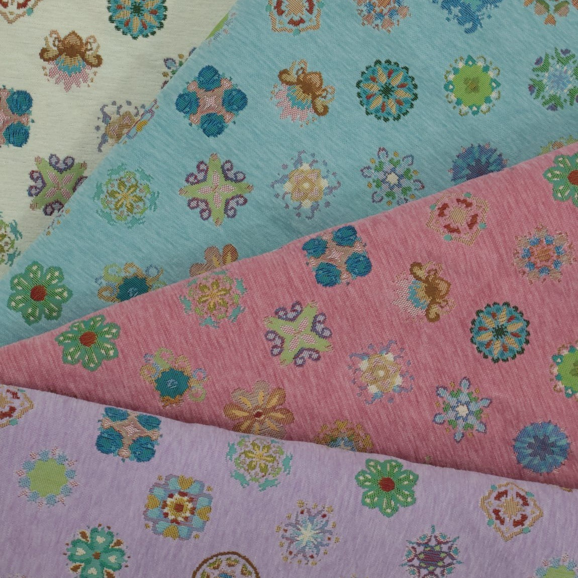 Boho Medallion Chenille Jacquard Upholstery Fabric front overview, one photographed colorway from the mill card