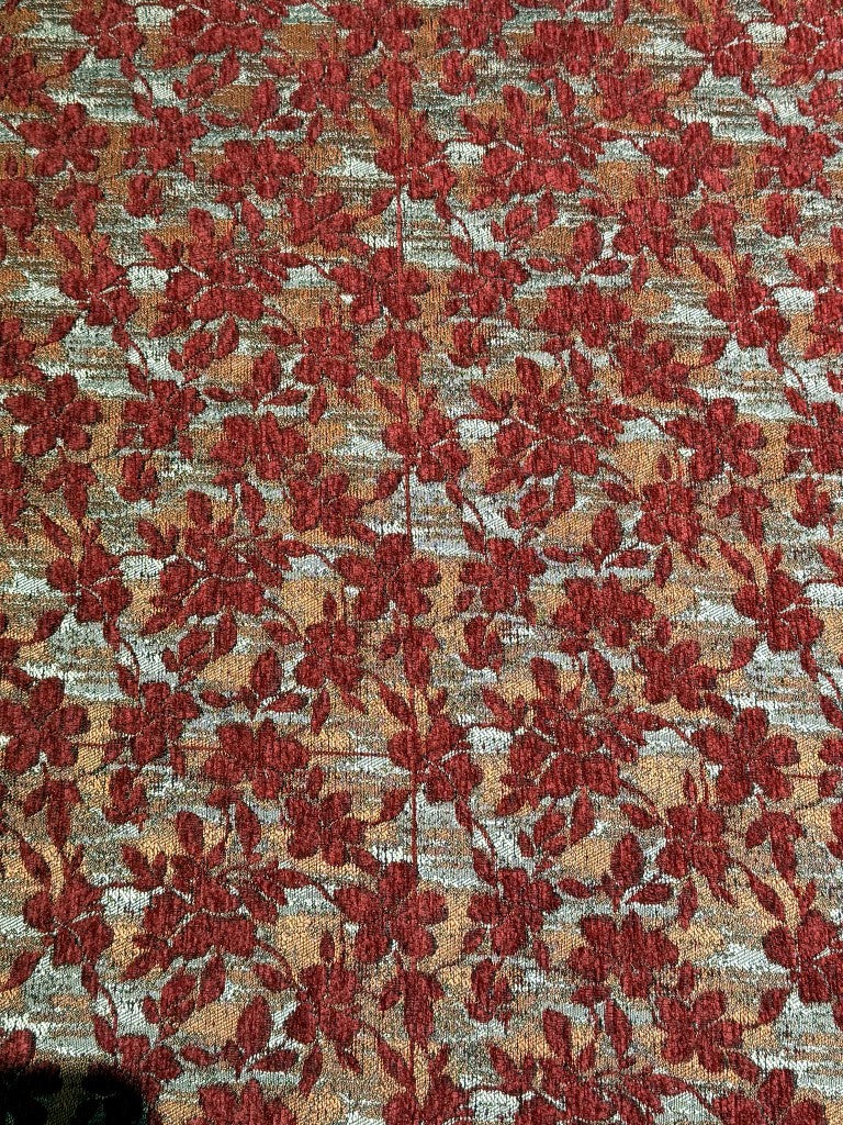Red floral chenille jacquard colorway face for the mid-century family