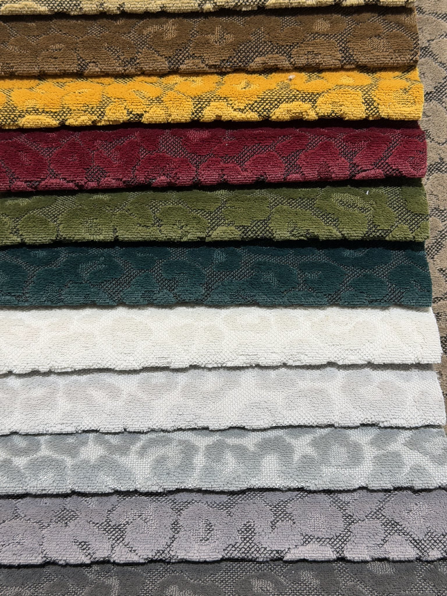 Warm colorways of animal-spot cut velvet jacquard