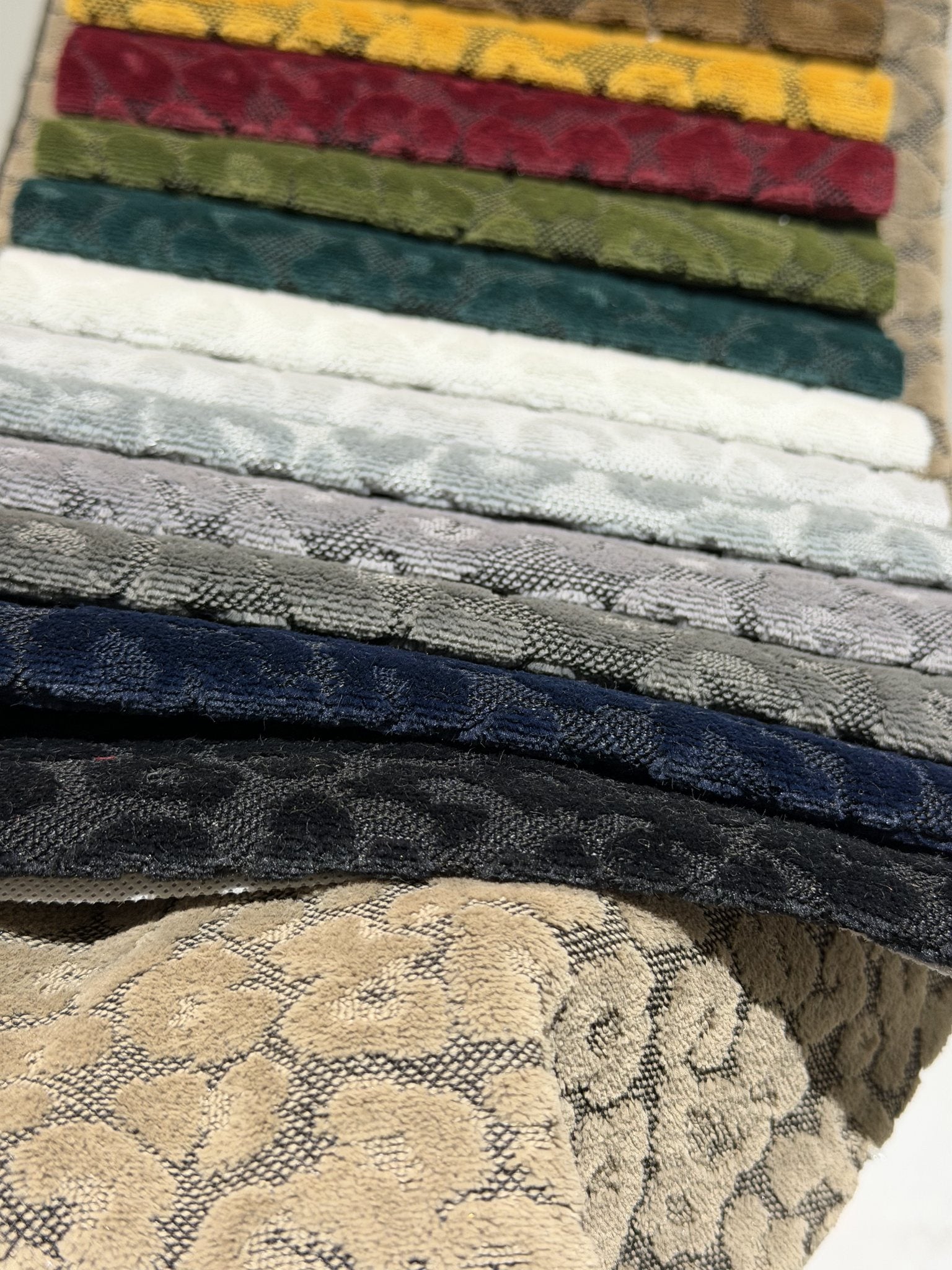 Mixed remaining colorways of animal-spot cut velvet jacquard