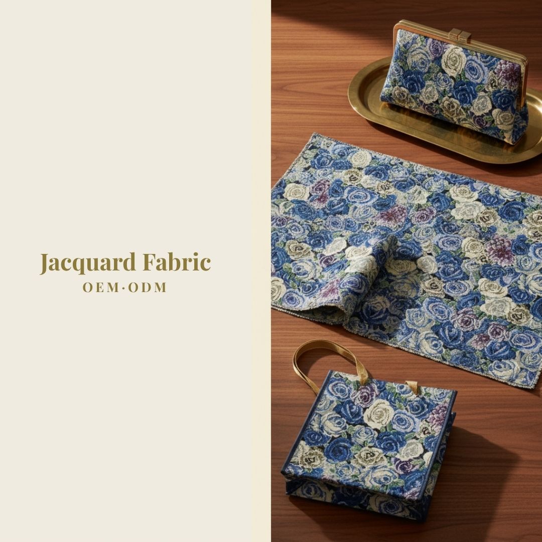 Blue Rose Bouquet Jacquard Woven Fabric | Polyester-Cotton | 150cm | Wholesale OEM Custom Cotton-Poly Jacquard Fabric