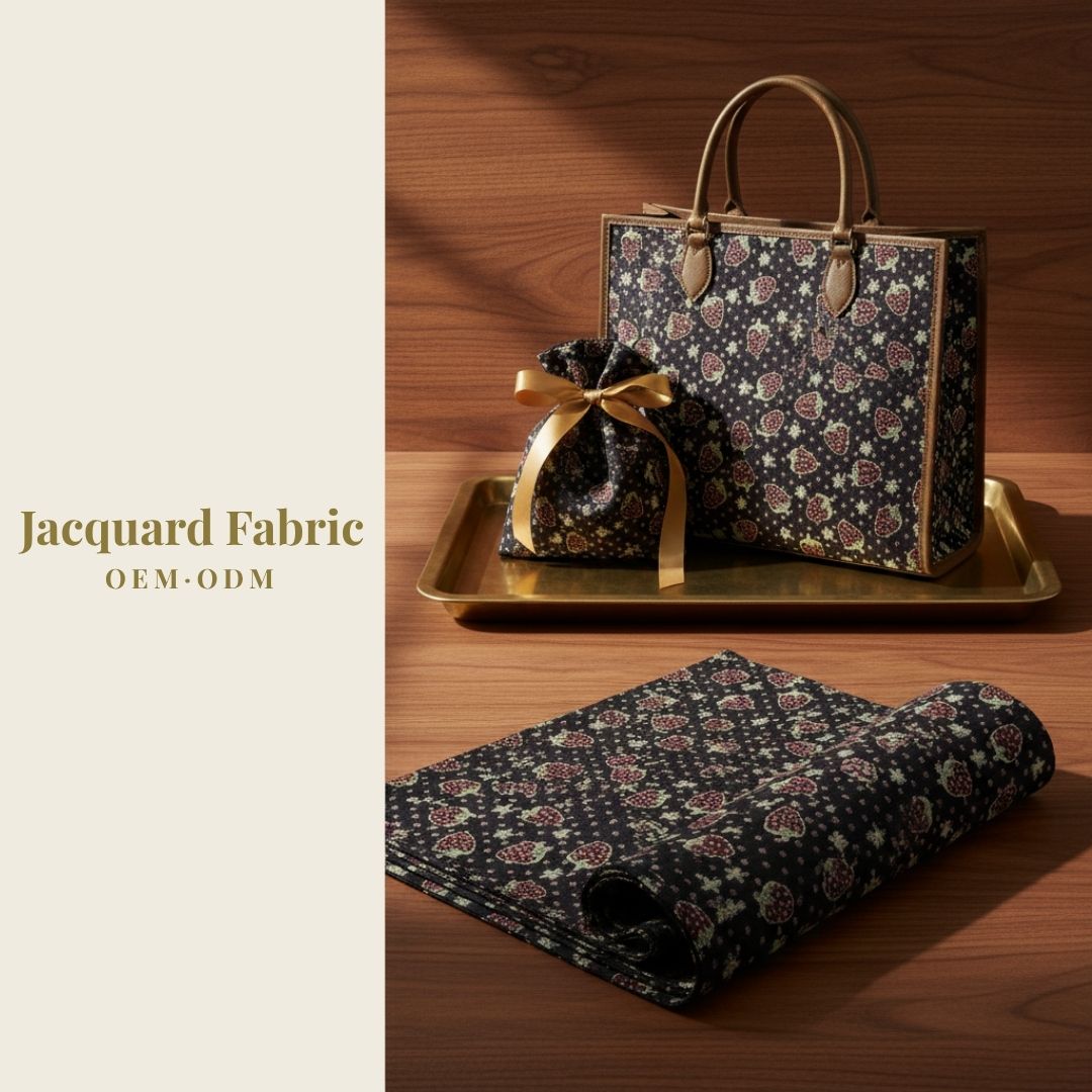 Black Strawberry & Daisy Jacquard Woven Fabric | Polyester-Cotton Blend | 150cm | Wholesale OEM Custom Cotton-Poly Jacquard Fabric