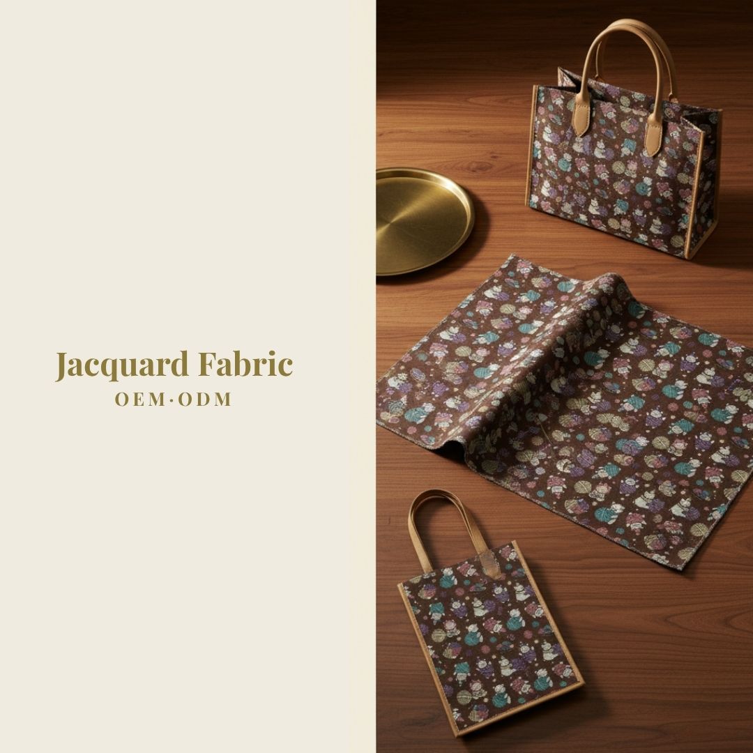Brown Cat & Yarn Ball Jacquard Woven Fabric | Polyester-Cotton | 150cm | Wholesale OEM Custom Cotton-Poly Jacquard Fabric