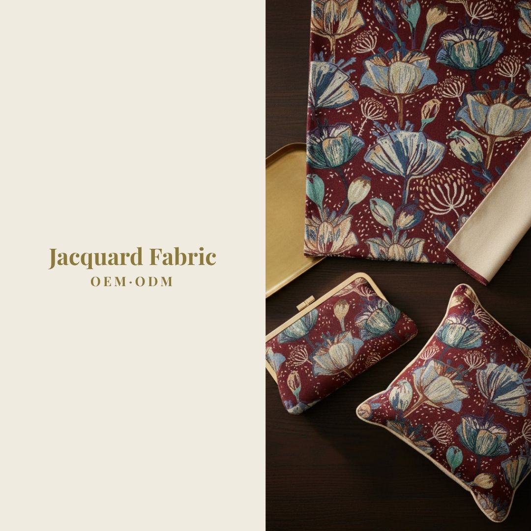 Burgundy Botanical Tulip Jacquard Woven Fabric | Polyester-Cotton | 150cm | Wholesale OEM Custom Cotton-Poly Jacquard Fabric