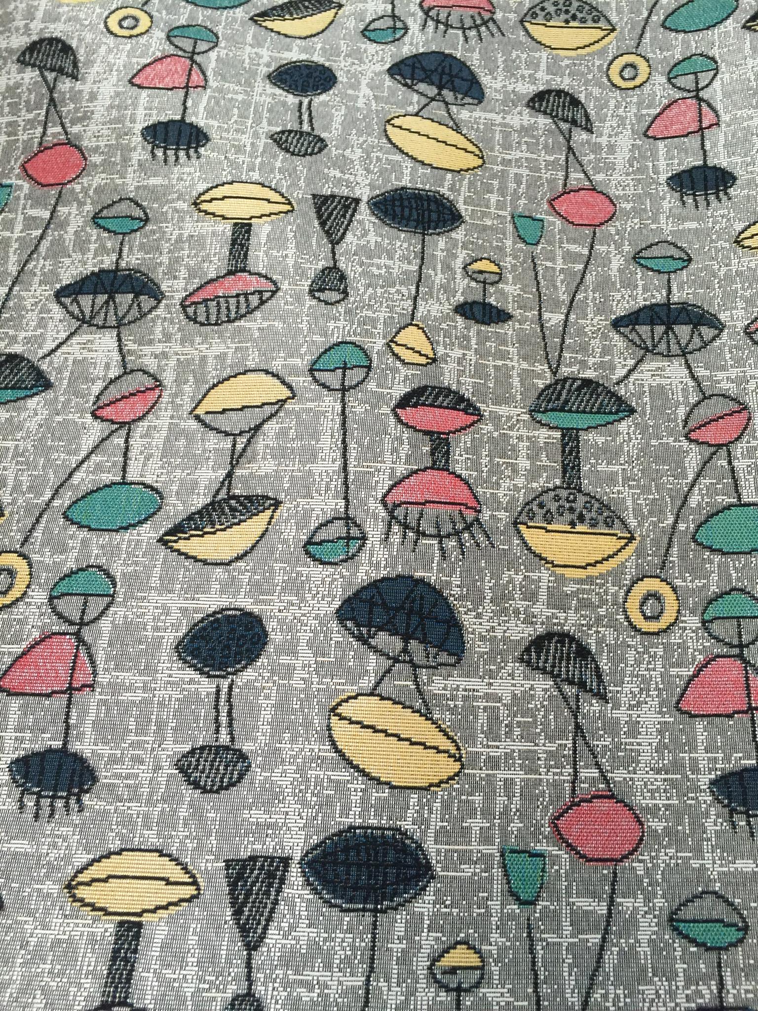 Mid-Century Atomic Motif Jacquard Decorative Fabric, U501A grey colorway fabric face