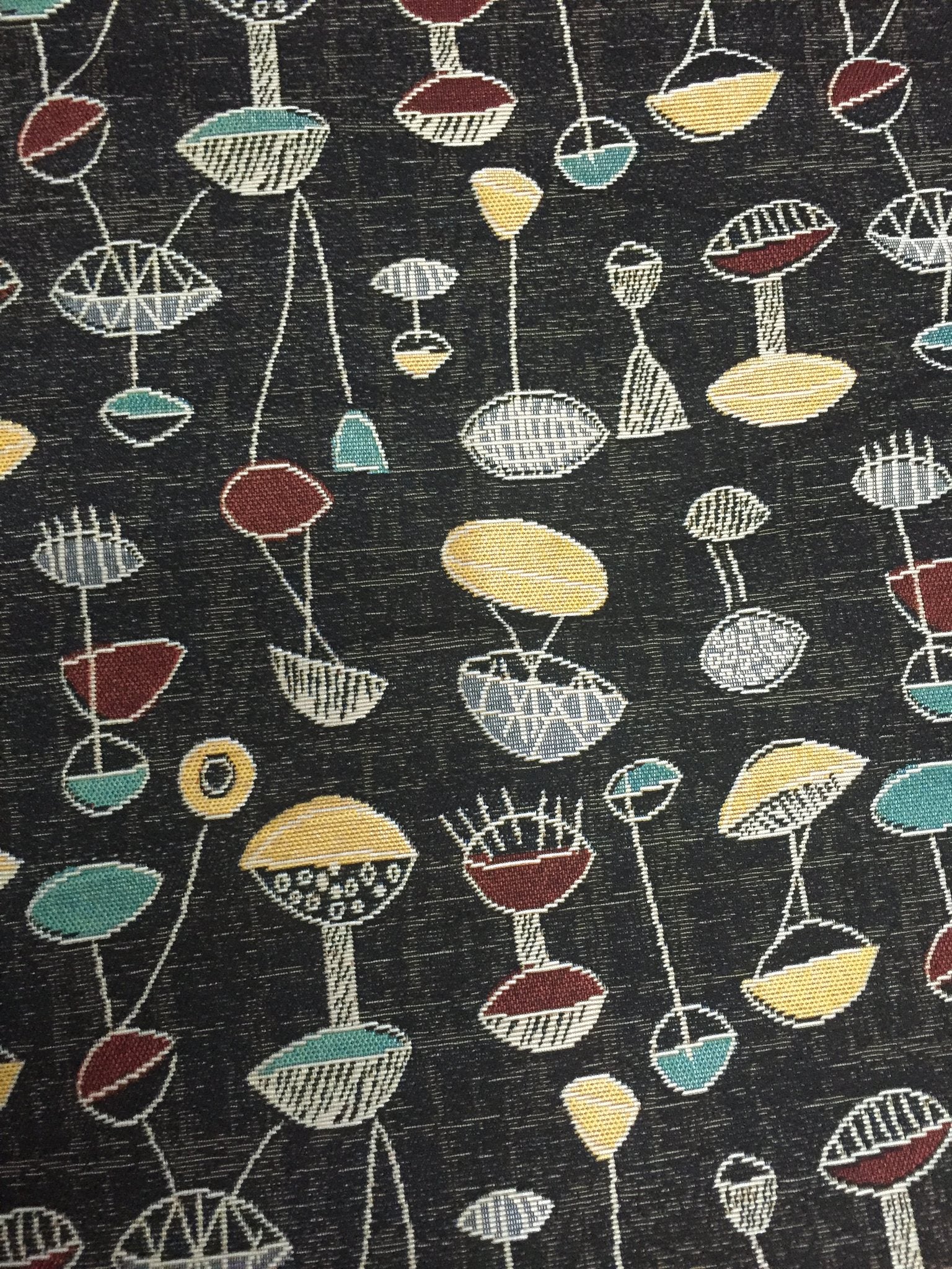 Mid-Century Atomic Motif Jacquard Decorative Fabric, U501A black colorway fabric face