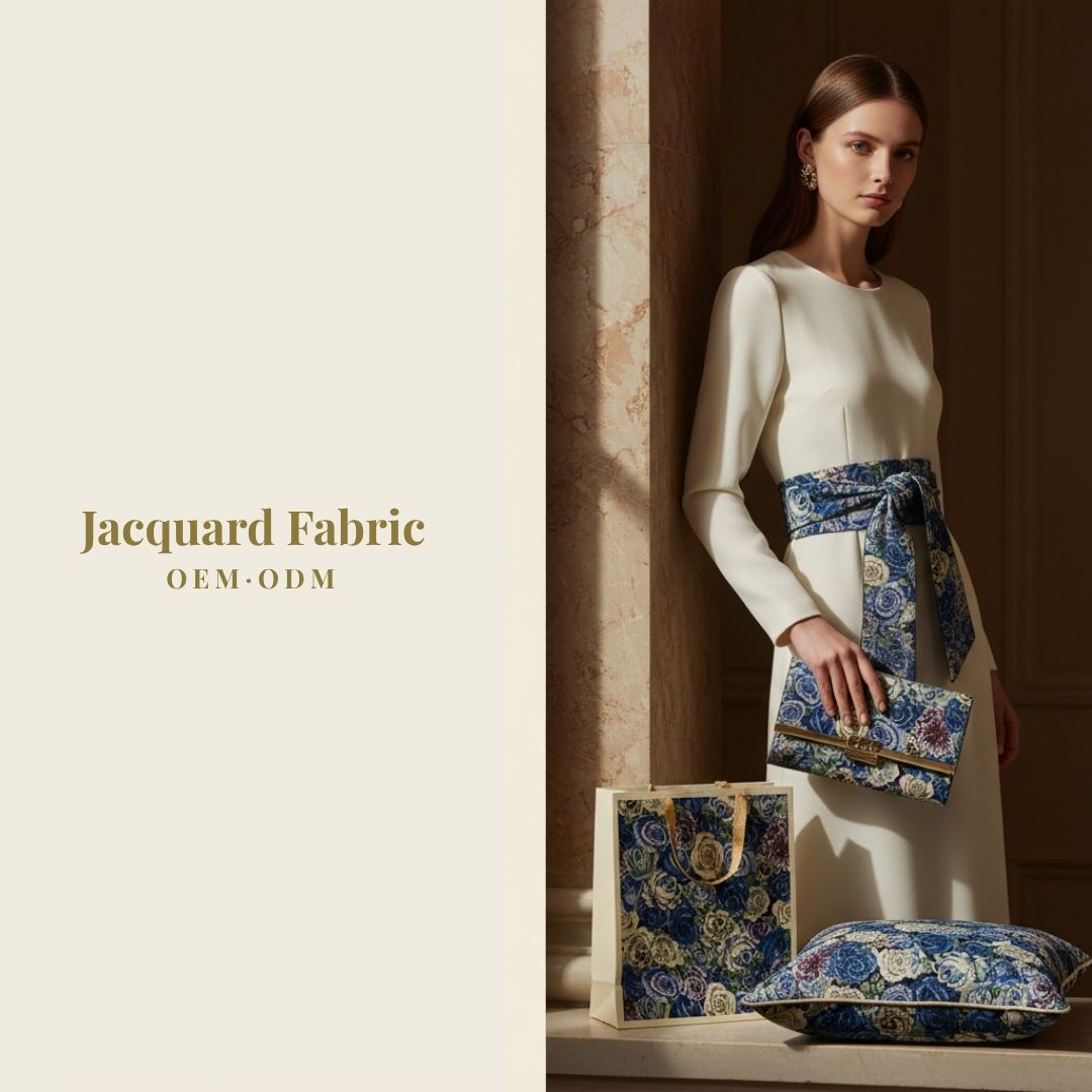 Blue Rose Bouquet Jacquard Woven Fabric | Polyester-Cotton | 150cm | Wholesale OEM Custom Cotton-Poly Jacquard Fabric