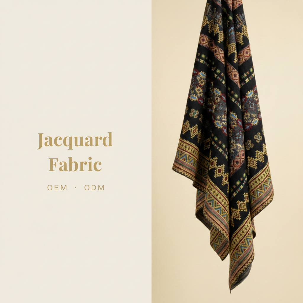 Black Ethnic Geometric Stripe Jacquard Fabric | Polyester-Cotton | 150cm | Wholesale OEM Custom Cotton-Poly Jacquard Fabric
