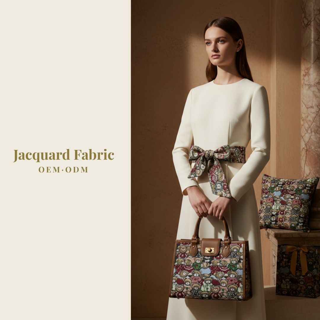 Light Blue Teddy Bear Crowd Jacquard Woven Fabric | Polyester-Cotton Blend | 150cm | Wholesale OEM Custom Cotton-Poly Jacquard Fabric