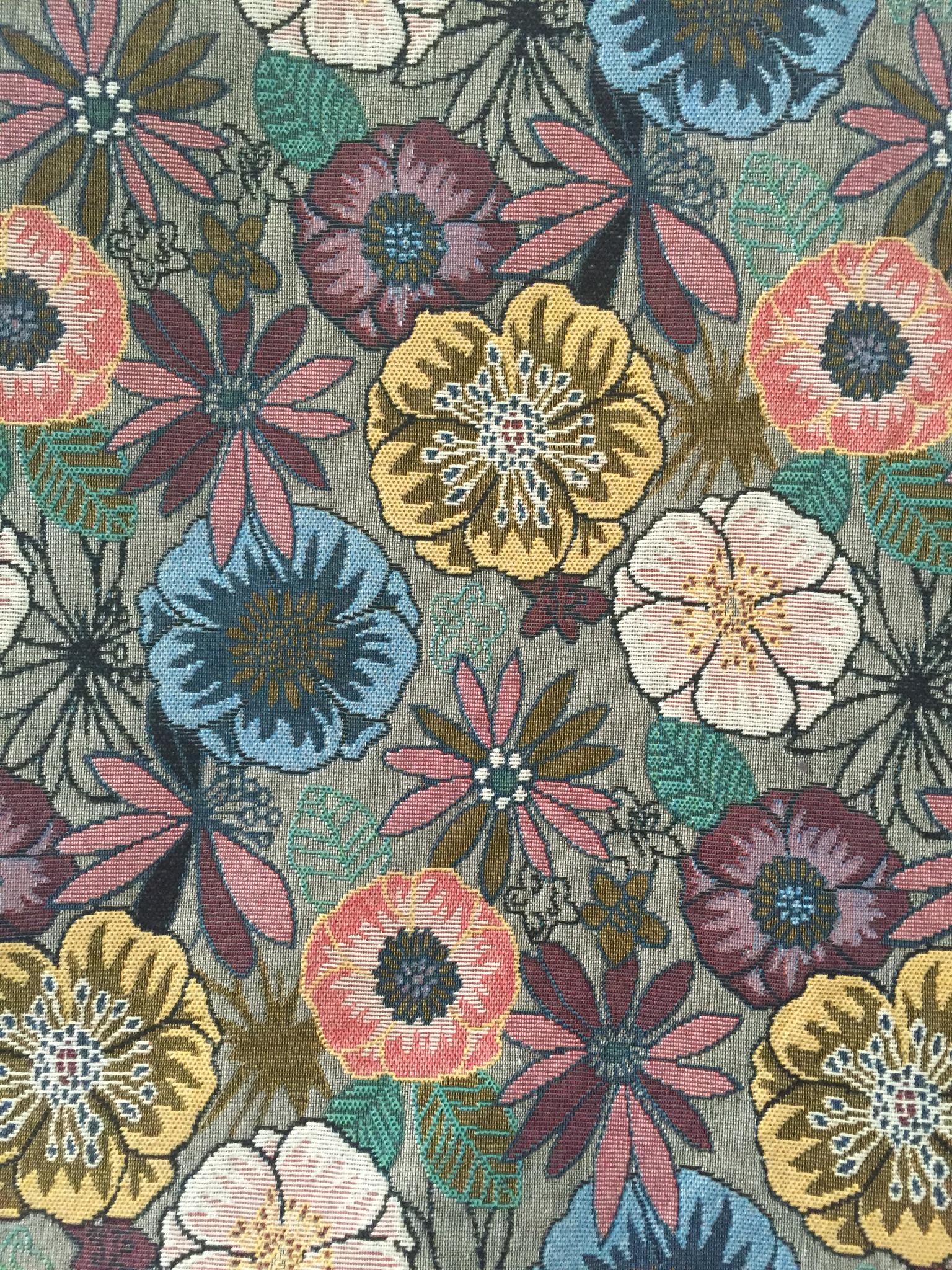 Bohemian Folk Floral Jacquard Decorative Fabric, U604A grey colorway fabric face