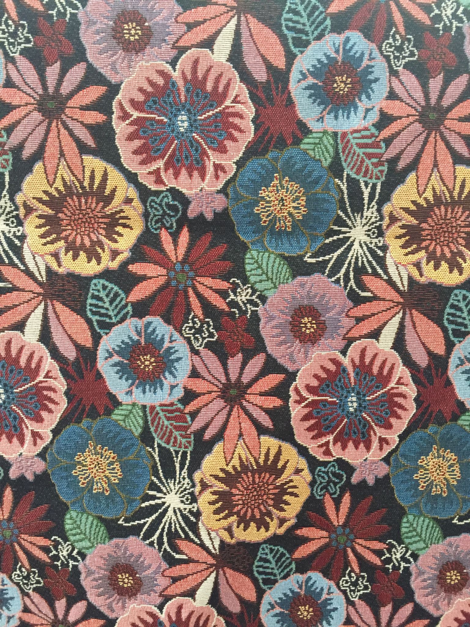 Bohemian Folk Floral Jacquard Decorative Fabric, U604A black colorway fabric face
