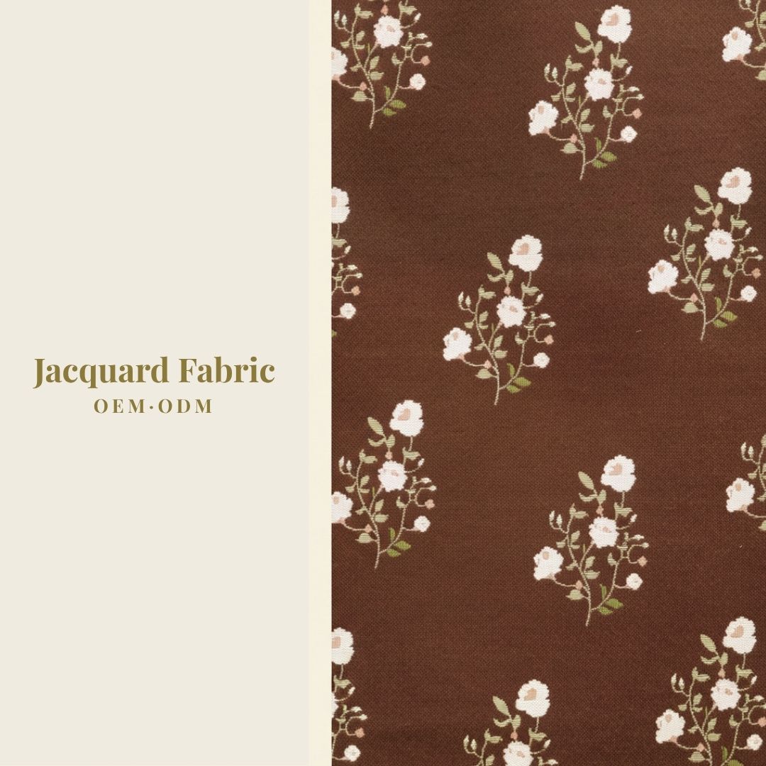 Chocolate Brown White Rose Branch Jacquard Woven Fabric | Polyester-Cotton | 150cm | Wholesale OEM Custom Cotton-Poly Jacquard Fabric