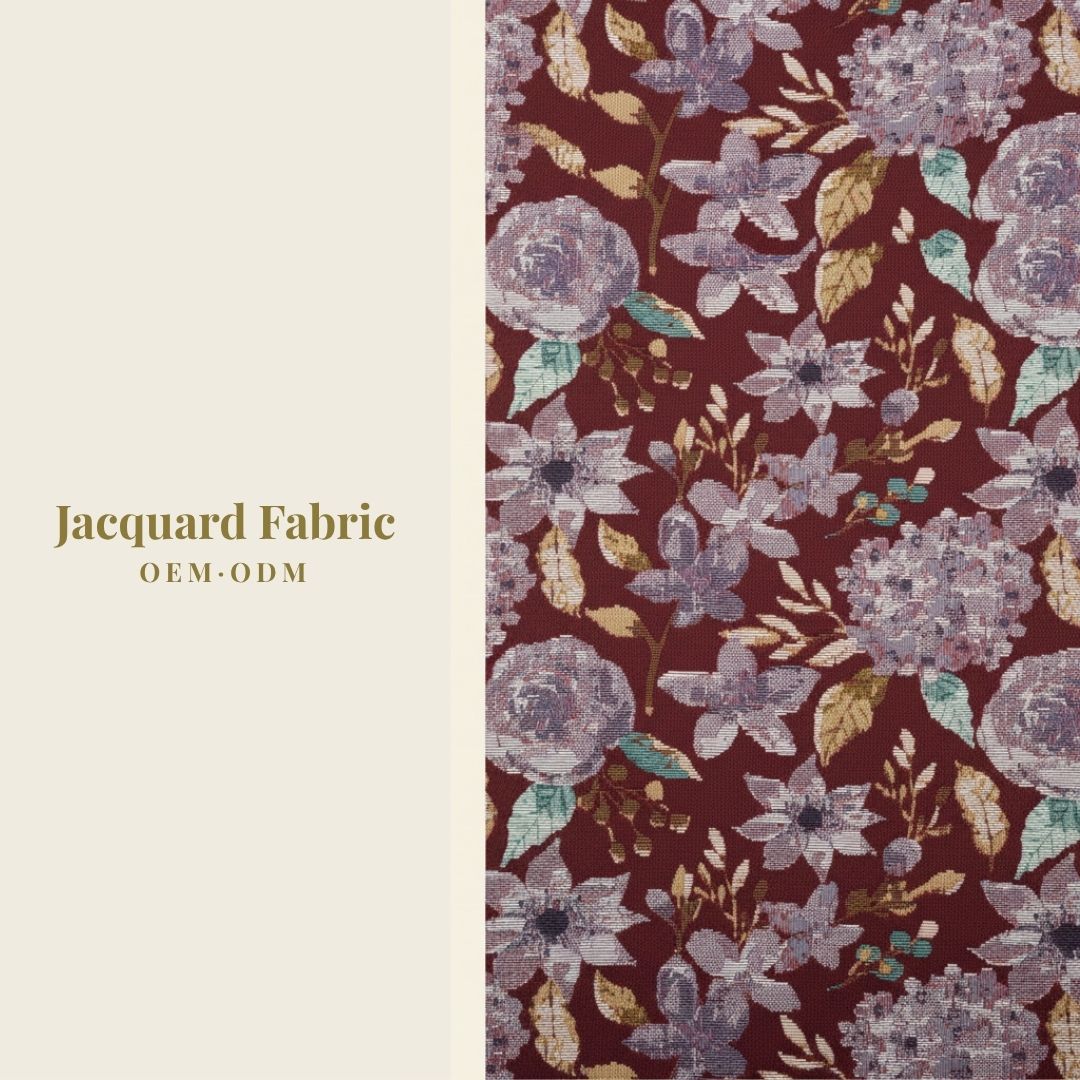 Burgundy Mixed Floral Jacquard Woven Fabric | Polyester-Cotton Blend | 150cm | Wholesale OEM Custom Cotton-Poly Jacquard Fabric