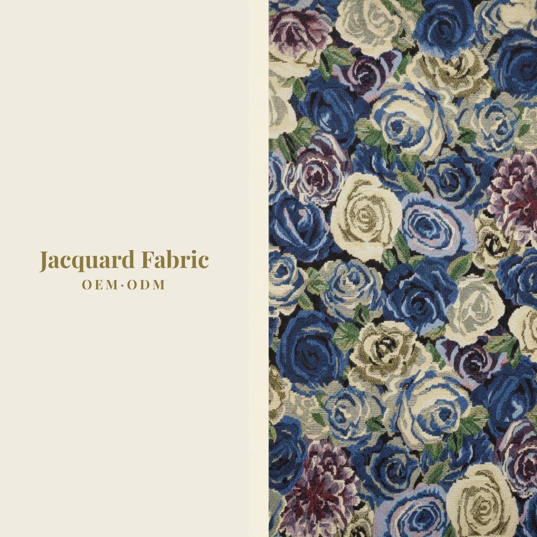 Blue Rose Bouquet Jacquard Woven Fabric | Polyester-Cotton | 150cm | Wholesale OEM Custom Cotton-Poly Jacquard Fabric