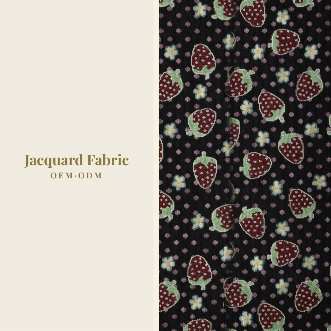 Black Strawberry & Daisy Jacquard Woven Fabric | Polyester-Cotton Blend | 150cm | Wholesale OEM Custom Cotton-Poly Jacquard Fabric