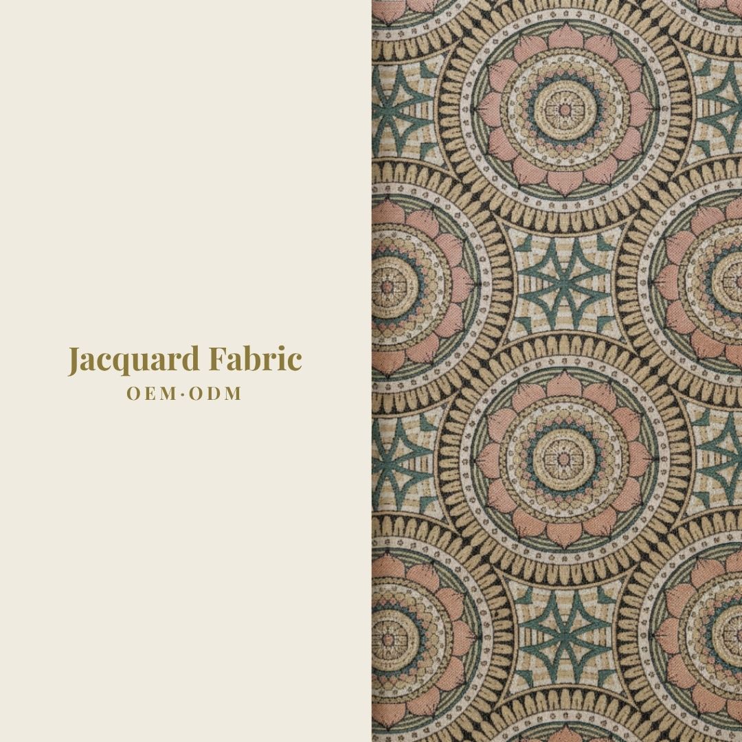 Sandy Gold Geometric Mandala Medallion Jacquard Woven Fabric | Polyester-Cotton | 150cm | Wholesale OEM Custom Cotton-Poly Jacquard Fabric