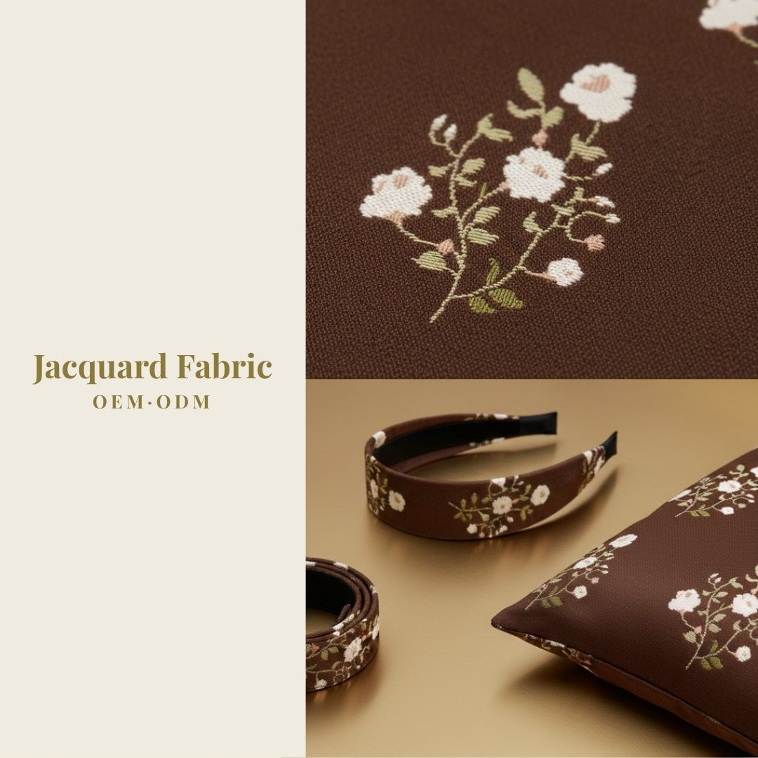 Chocolate Brown White Rose Branch Jacquard Woven Fabric | Polyester-Cotton | 150cm | Wholesale OEM Custom Cotton-Poly Jacquard Fabric