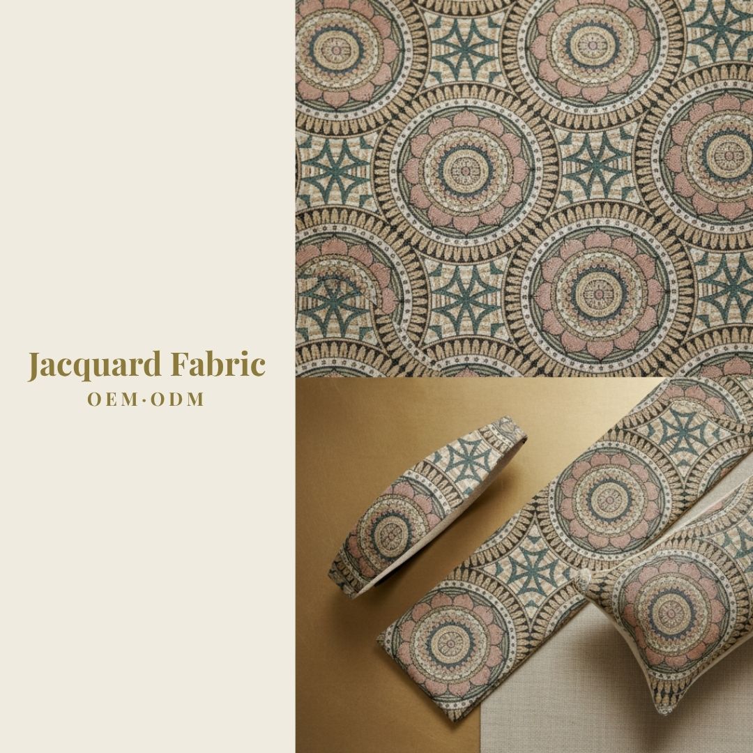 Sandy Gold Geometric Mandala Medallion Jacquard Woven Fabric | Polyester-Cotton | 150cm | Wholesale OEM Custom Cotton-Poly Jacquard Fabric