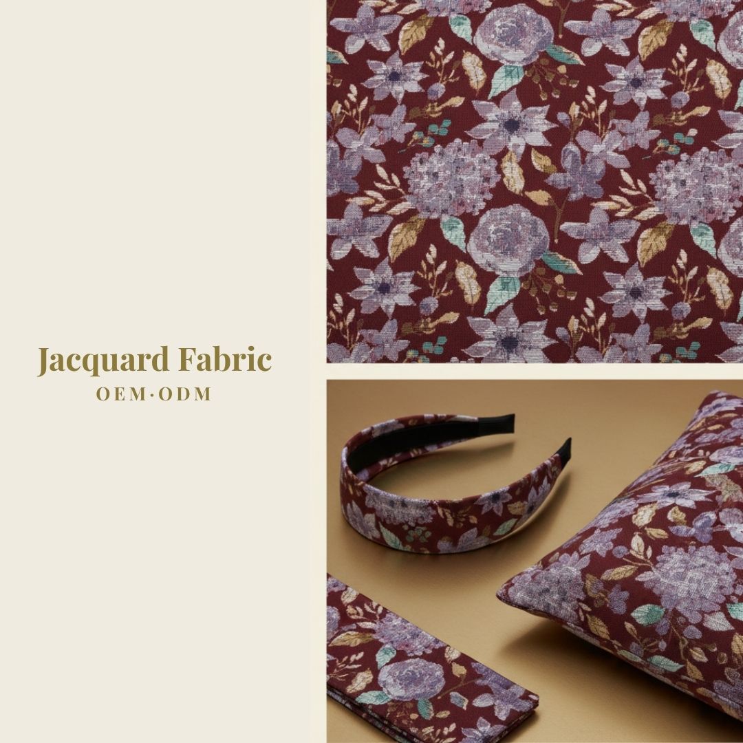 Burgundy Mixed Floral Jacquard Woven Fabric | Polyester-Cotton Blend | 150cm | Wholesale OEM Custom Cotton-Poly Jacquard Fabric