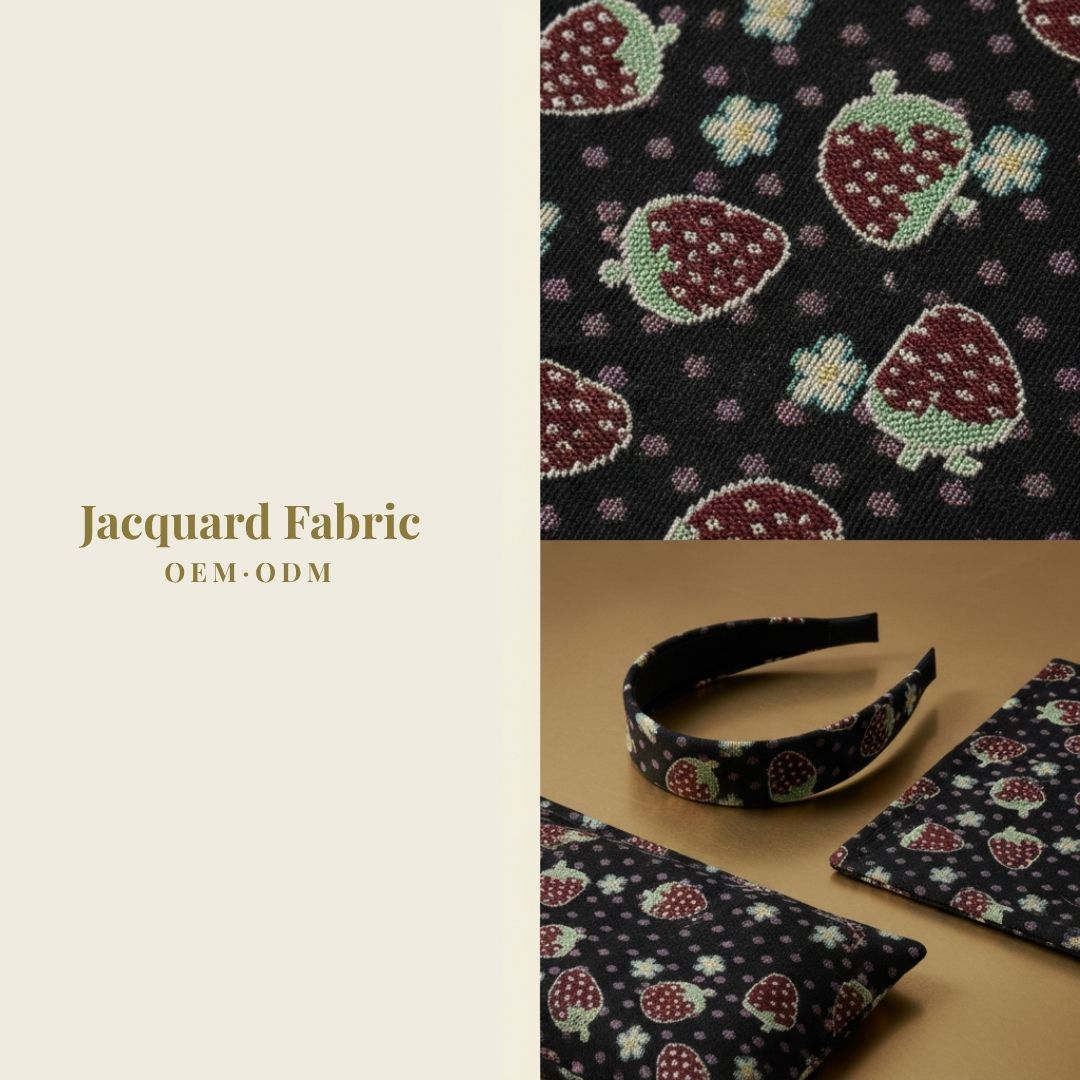 Black Strawberry & Daisy Jacquard Woven Fabric | Polyester-Cotton Blend | 150cm | Wholesale OEM Custom Cotton-Poly Jacquard Fabric