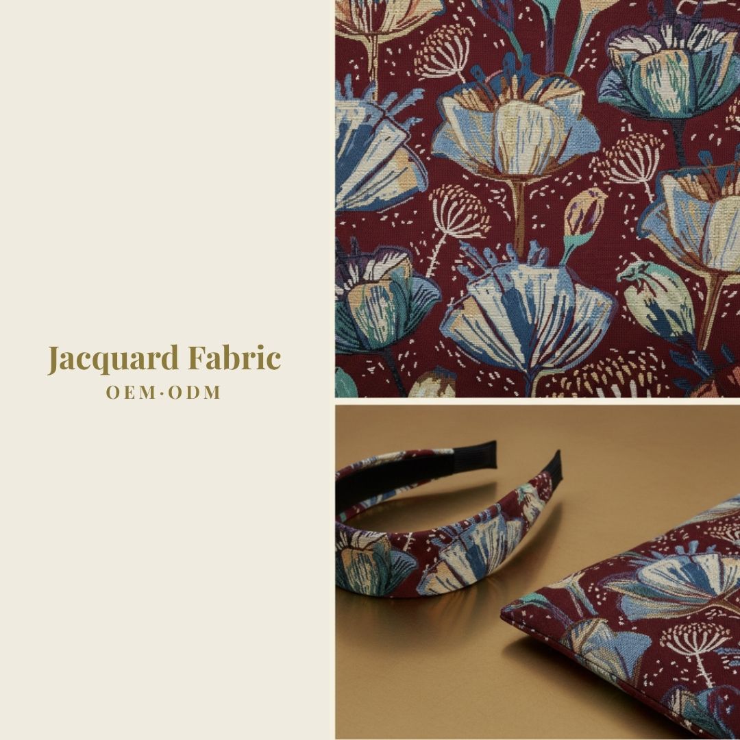 Burgundy Botanical Tulip Jacquard Woven Fabric | Polyester-Cotton | 150cm | Wholesale OEM Custom Cotton-Poly Jacquard Fabric
