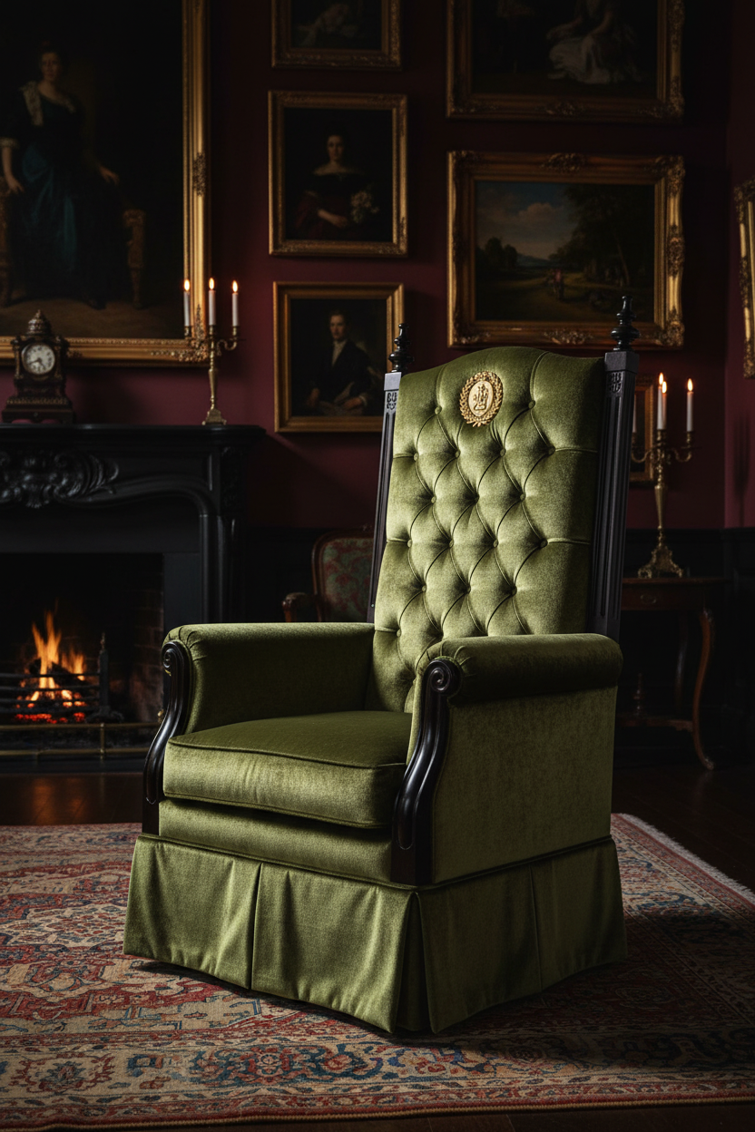 High-back armchair in olive Italian-style velvet