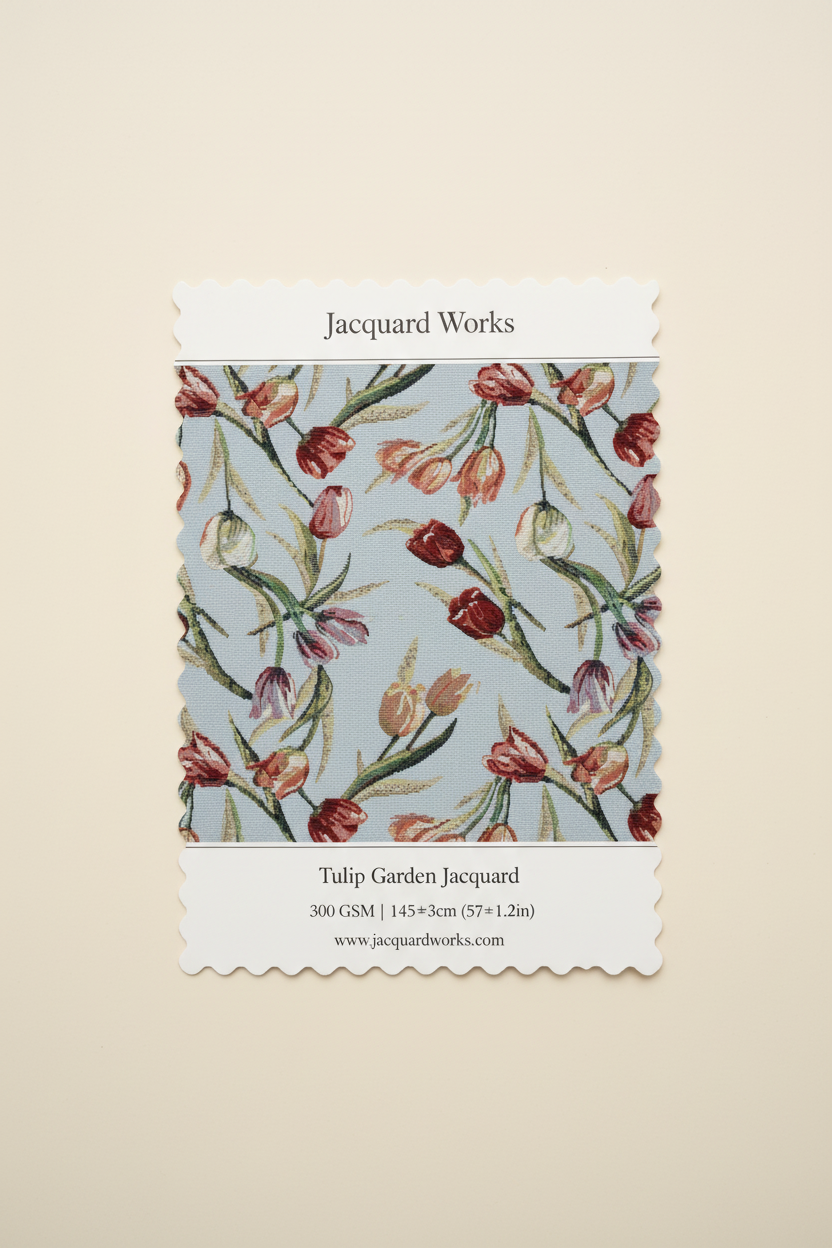Silver-Gray Tulip Botanical Jacquard Woven Fabric | Polyester-Cotton | 145cm | Wholesale OEM Custom Fabric