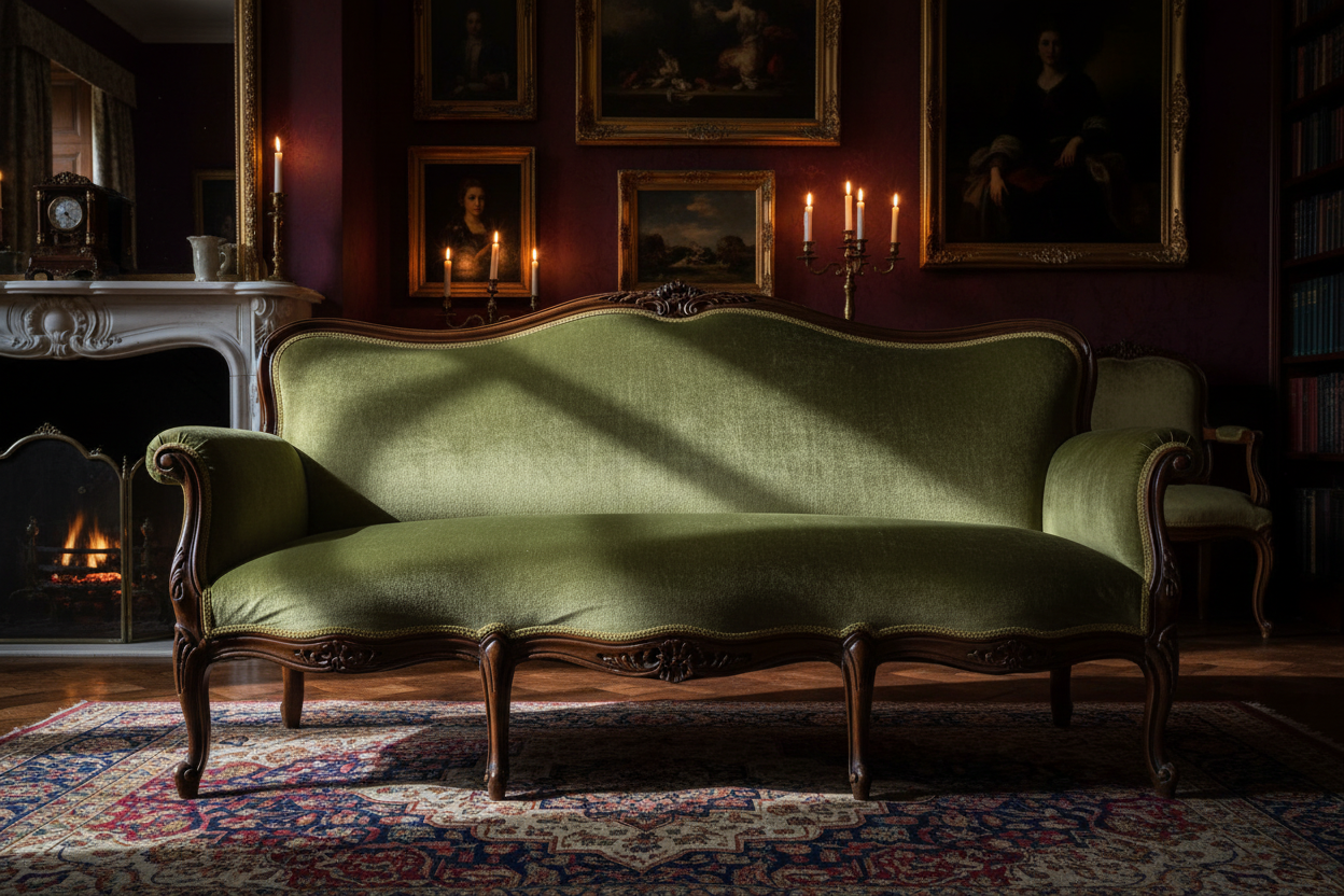 French bench in olive Italian-style velvet