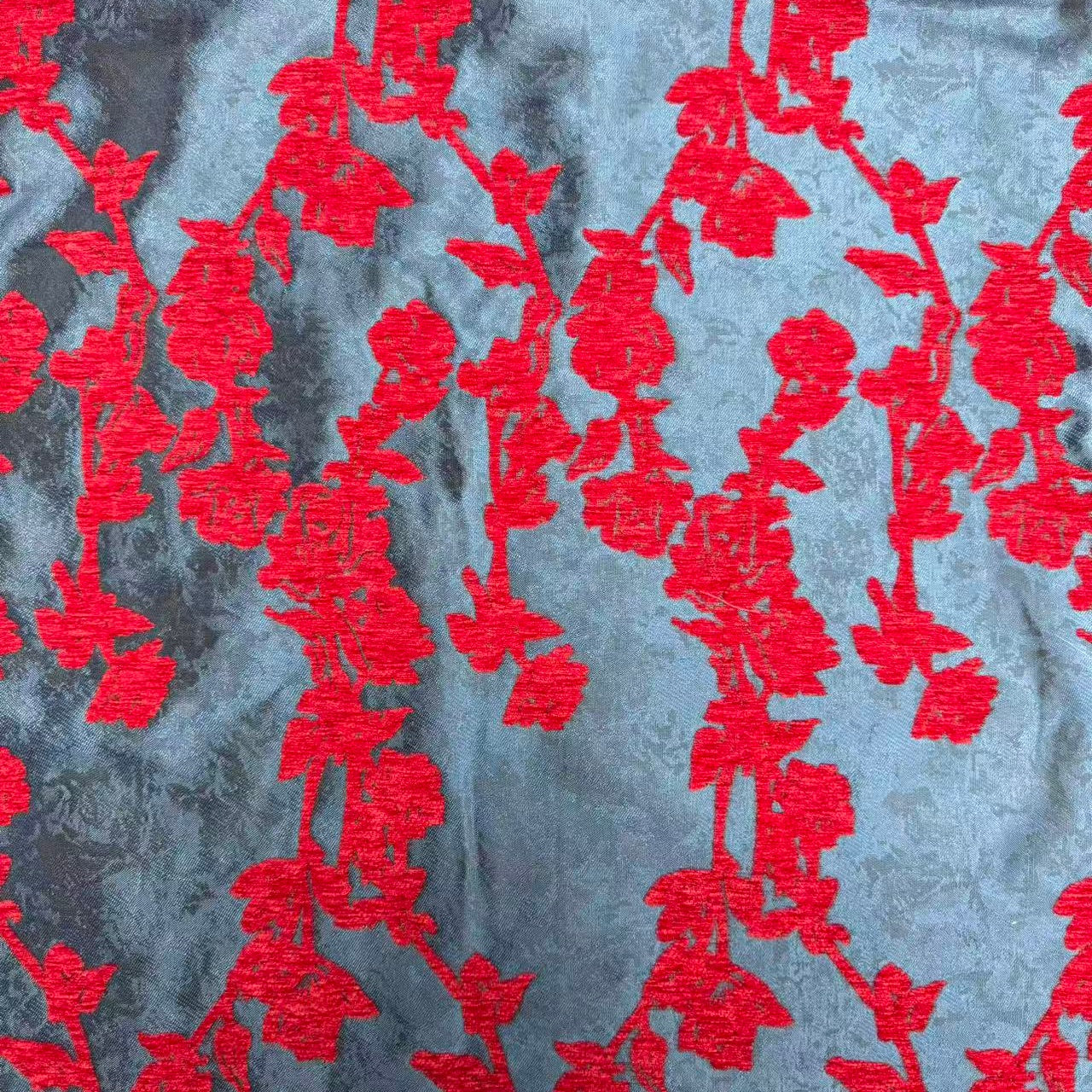 Teal Rust Floral Rose Chenille Jacquard Fabric Chenille Jacquard Fabric