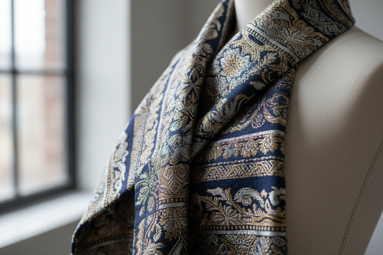 High-quality close-up of jacquard fabric draped on a garment seam, showing intricate woven pattern and soft drape, fashion garment context, natural light, shallow depth of field, premium textile photography style, neutral background