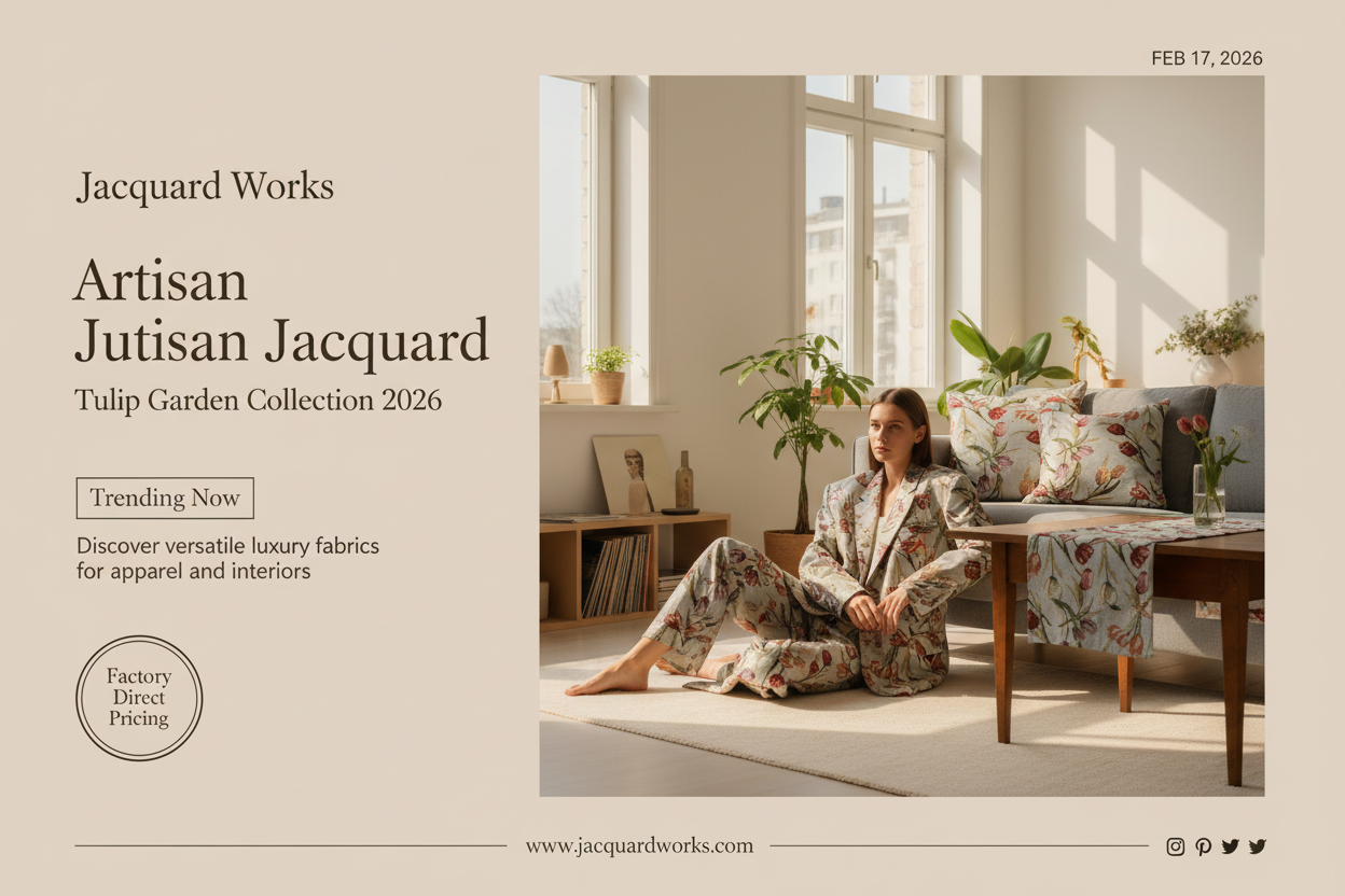Silver-Gray Tulip Botanical Jacquard Woven Fabric | Polyester-Cotton | 145cm | Wholesale OEM Custom Fabric