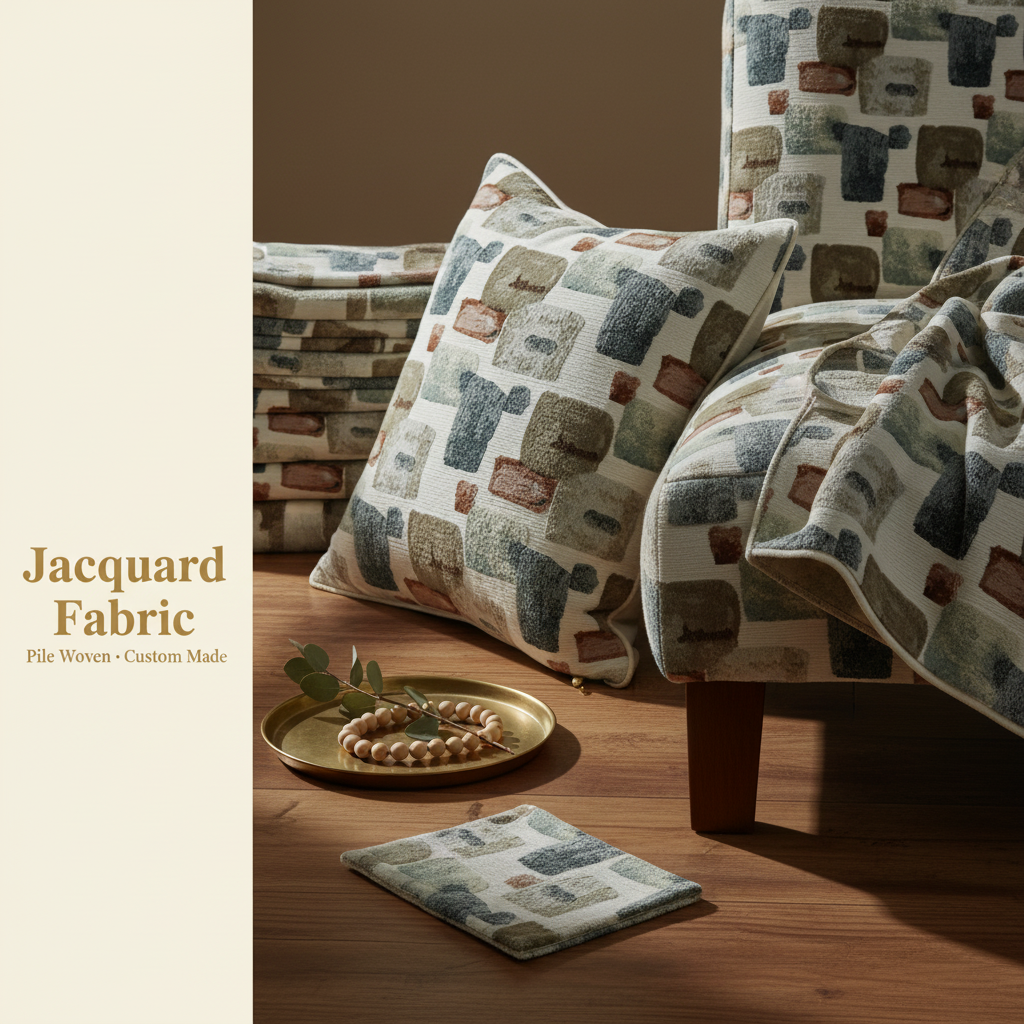 Ivory Abstract Geometric Chenille Jacquard Fabric | 100% Polyester | 145cm | Coating Available | Wholesale OEM Functional Fabric