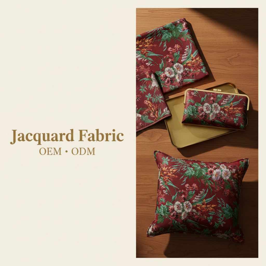Burgundy Tropical Botanical Floral Jacquard Woven Fabric | Polyester-Cotton | 150cm | Wholesale OEM Custom Cotton-Poly Jacquard Fabric