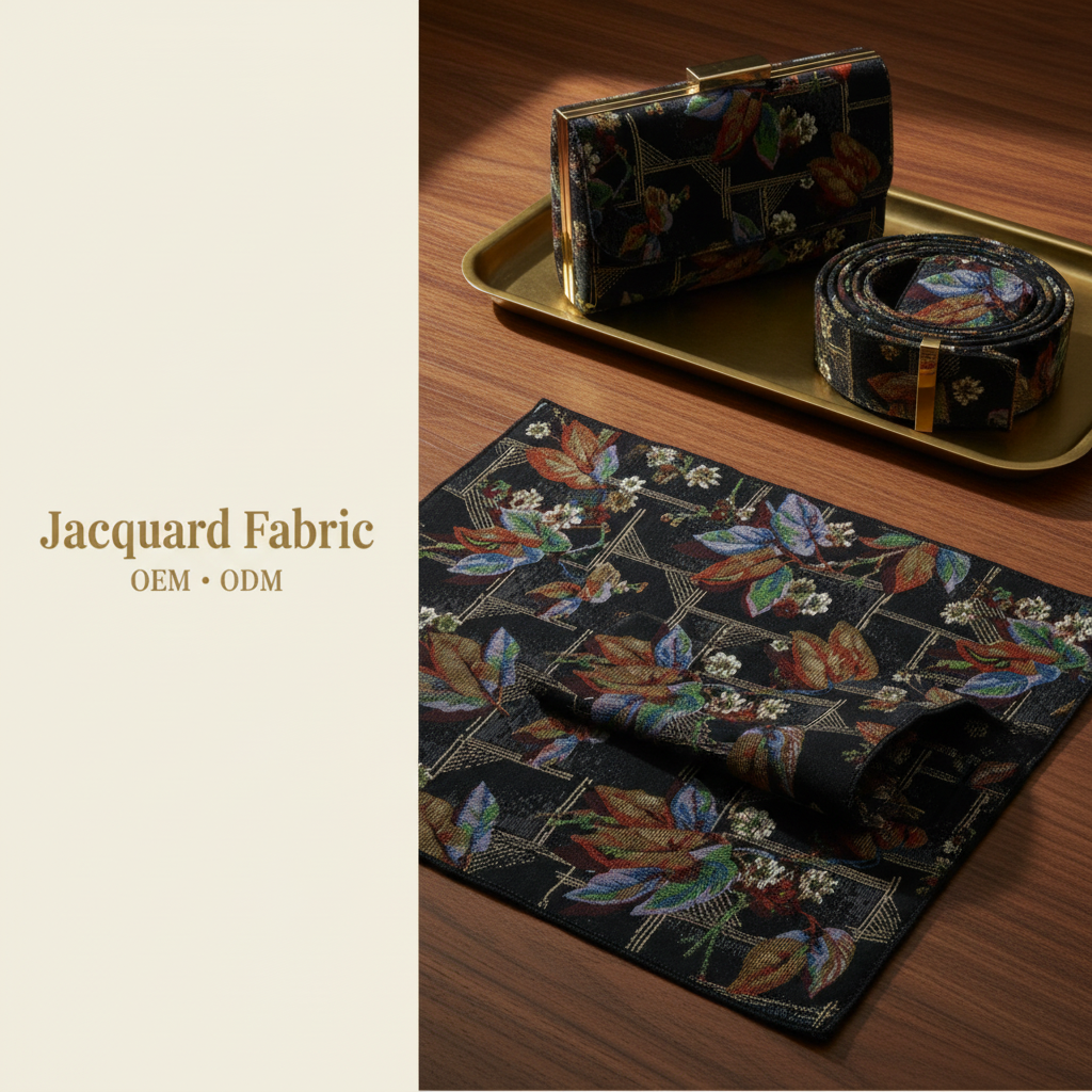 Black Jacquard Fabric | Tropical Leaf Art Deco Grid | 150cm | Wholesale OEM Custom Cotton-Poly Jacquard Fabric