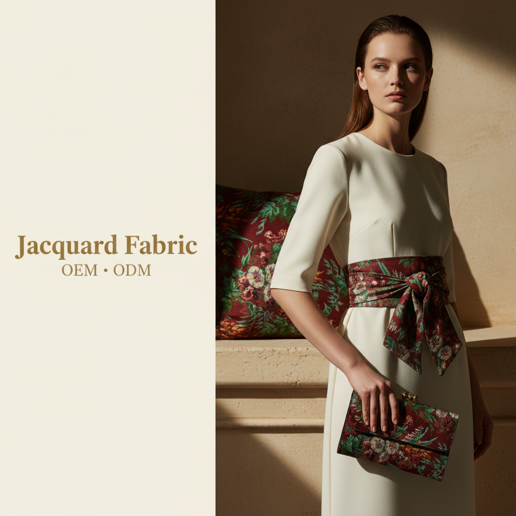 Burgundy Tropical Botanical Floral Jacquard Woven Fabric | Polyester-Cotton | 150cm | Wholesale OEM Custom Cotton-Poly Jacquard Fabric