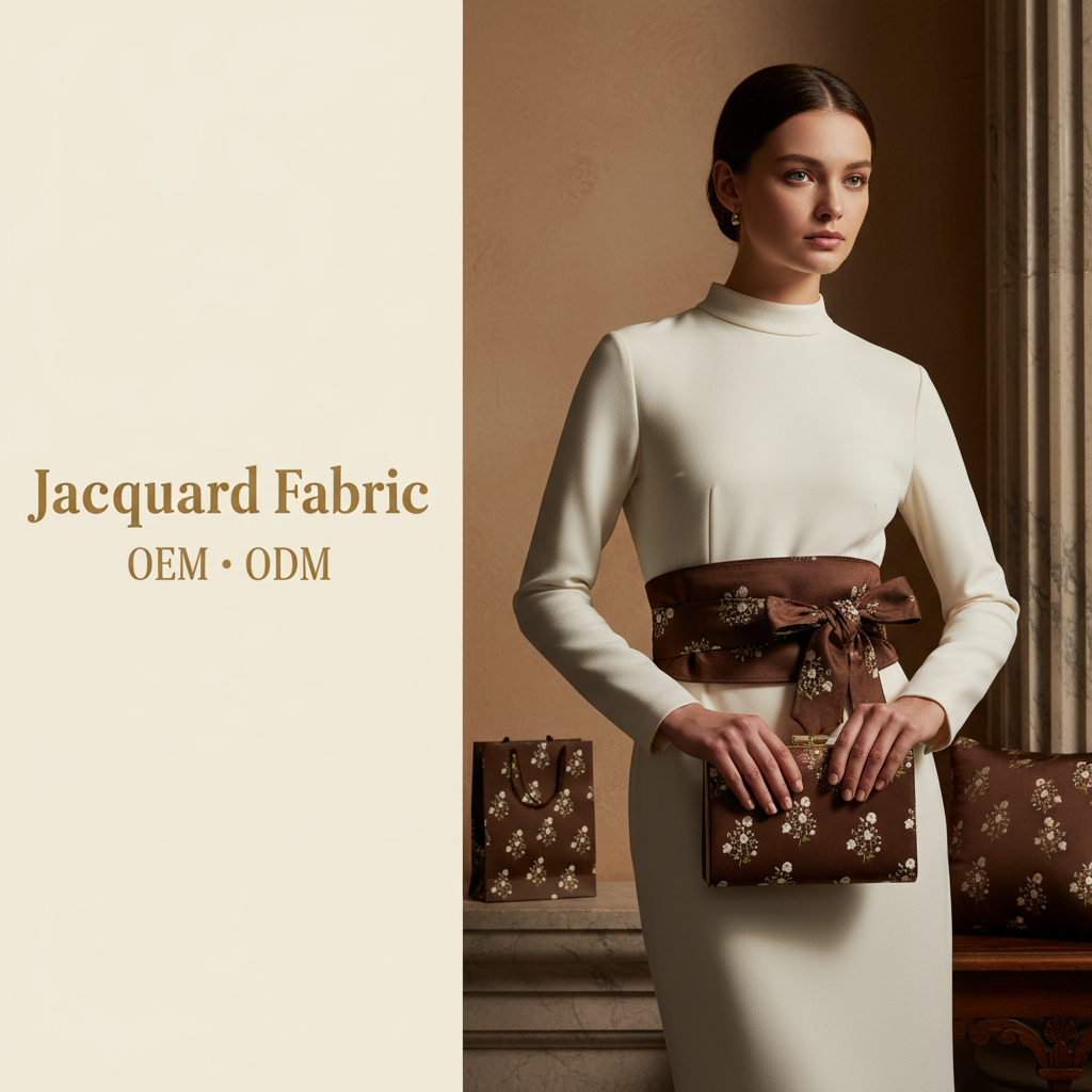 Chocolate Brown White Rose Branch Jacquard Woven Fabric | Polyester-Cotton | 150cm | Wholesale OEM Custom Cotton-Poly Jacquard Fabric