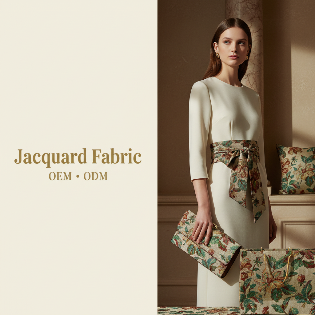 Beige Tropical Botanical Floral Jacquard Fabric | Polyester-Cotton | 150cm | Wholesale OEM Custom Cotton-Poly Jacquard Fabric