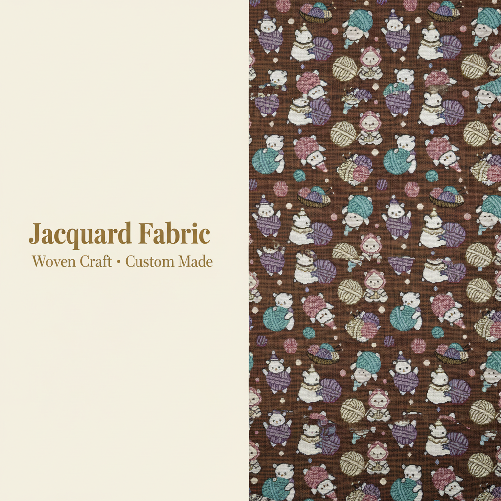 Brown Cat & Yarn Ball Jacquard Woven Fabric | Polyester-Cotton | 150cm | Wholesale OEM Custom Cotton-Poly Jacquard Fabric