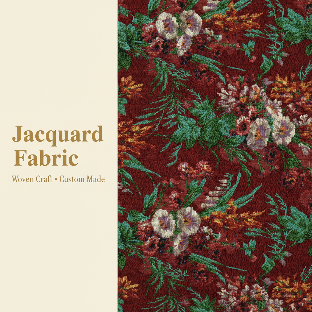 Burgundy Tropical Botanical Floral Jacquard Woven Fabric | Polyester-Cotton | 150cm | Wholesale OEM Custom Cotton-Poly Jacquard Fabric