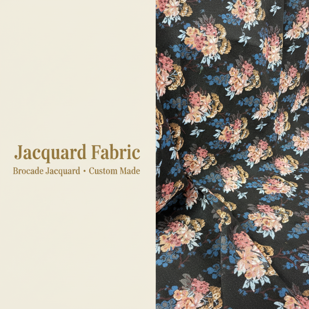 Navy Peony Floral Jacquard Woven Fabric | Polyester-Cotton | 150cm | Wholesale OEM Custom Cotton-Poly Jacquard Fabric