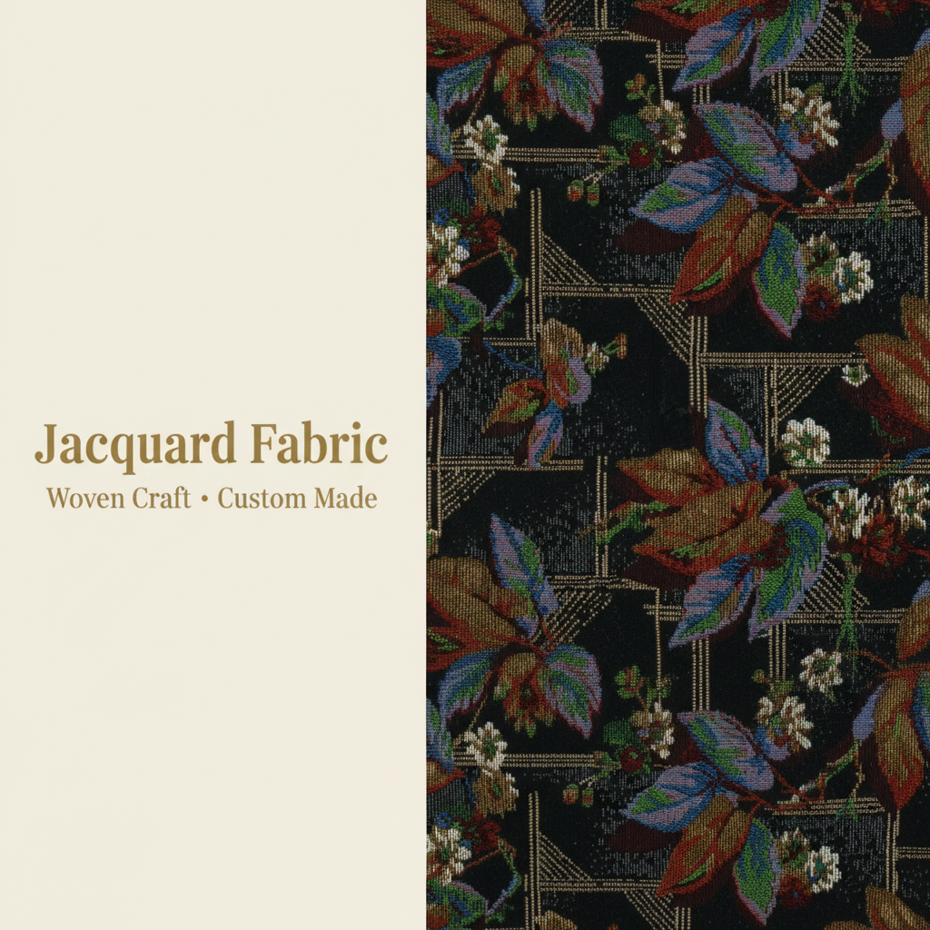 Black Jacquard Fabric | Tropical Leaf Art Deco Grid | 150cm | Wholesale OEM Custom Cotton-Poly Jacquard Fabric