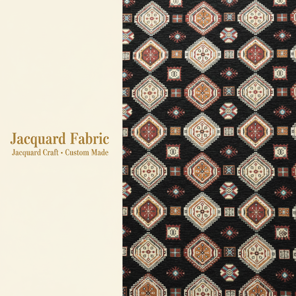 Black Ethnic Diamond Medallion Chenille Jacquard Fabric | Chenille | 150cm | Wholesale OEM Custom Chenille Jacquard Fabric
