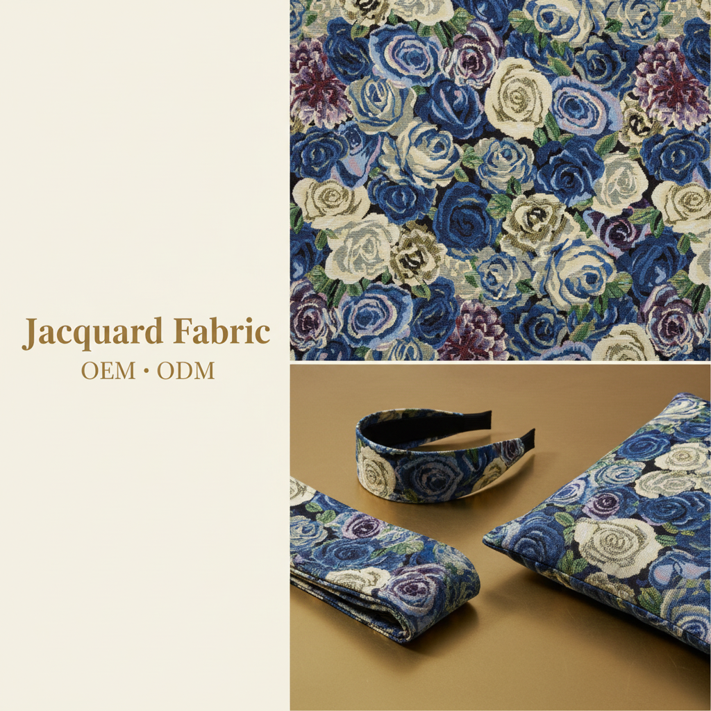 Blue Rose Bouquet Jacquard Woven Fabric | Polyester-Cotton | 150cm | Wholesale OEM Custom Cotton-Poly Jacquard Fabric