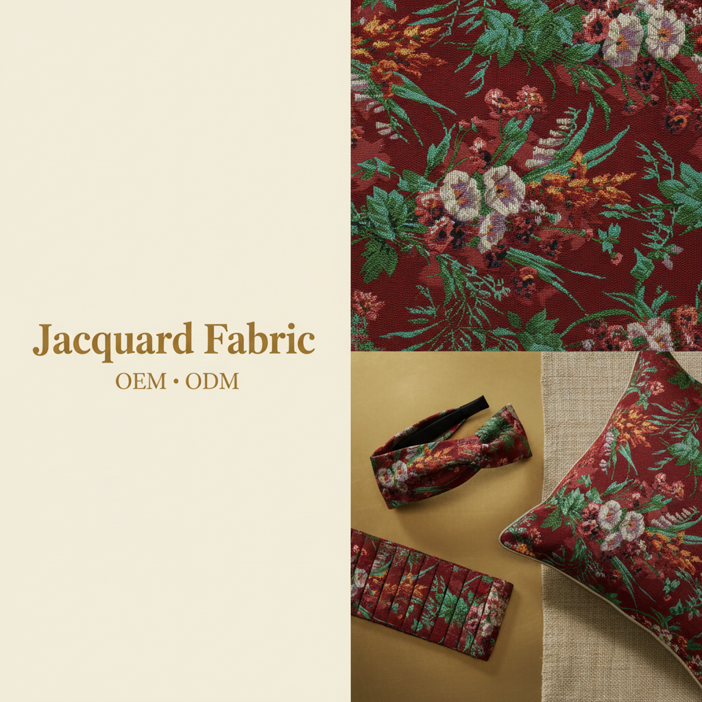 Burgundy Tropical Botanical Floral Jacquard Woven Fabric | Polyester-Cotton | 150cm | Wholesale OEM Custom Cotton-Poly Jacquard Fabric
