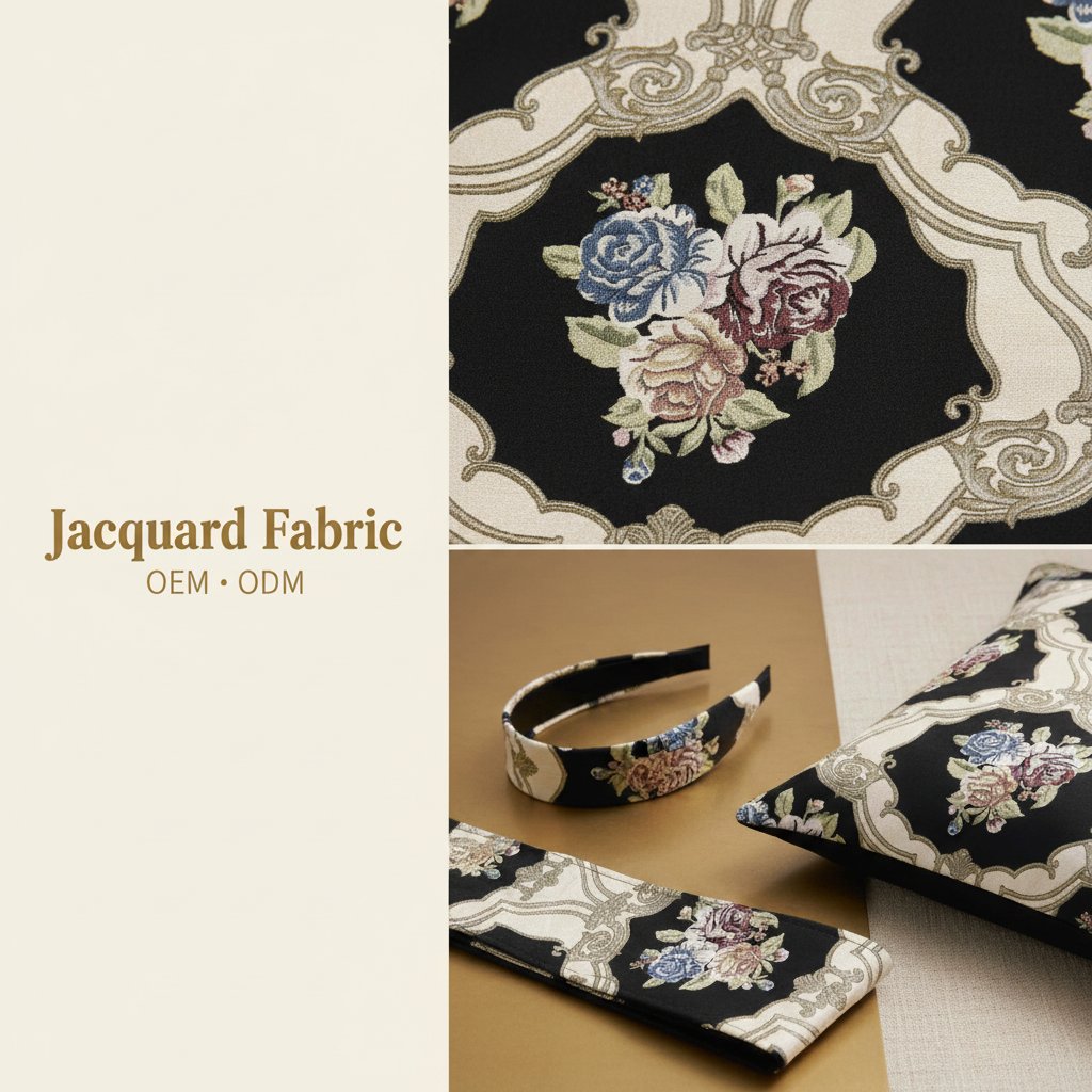 Black Ivory Damask Rose Trellis Jacquard Woven Fabric | Polyester-Cotton | 150cm | Wholesale OEM Custom Cotton-Poly Jacquard Fabric