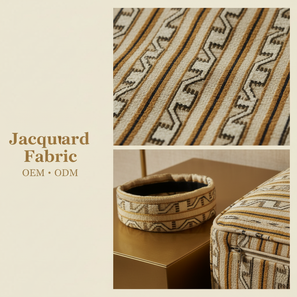 Beige Geometric Zigzag Stripe Jacquard Woven Fabric | 100% Polyester | 145cm | 3-Proof Coating Available | Wholesale OEM Functional Fabric